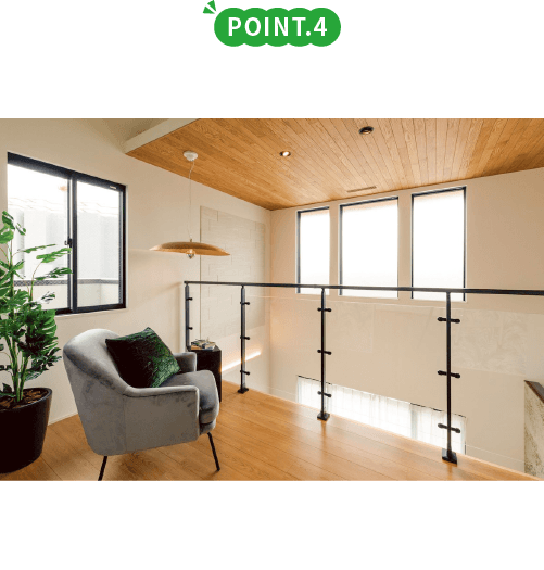 POINT.4 多目的に使えるロフト お子様やパパの秘密基地になりそうな場所。季節用品や思い出の品の収納に。
