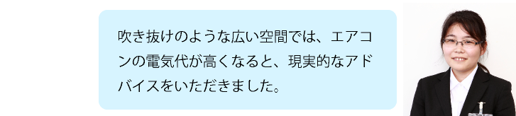 吹き抜けのような広い空間では、エアコンの電気代が高くなると、現実的なアドバイスをいただきました。